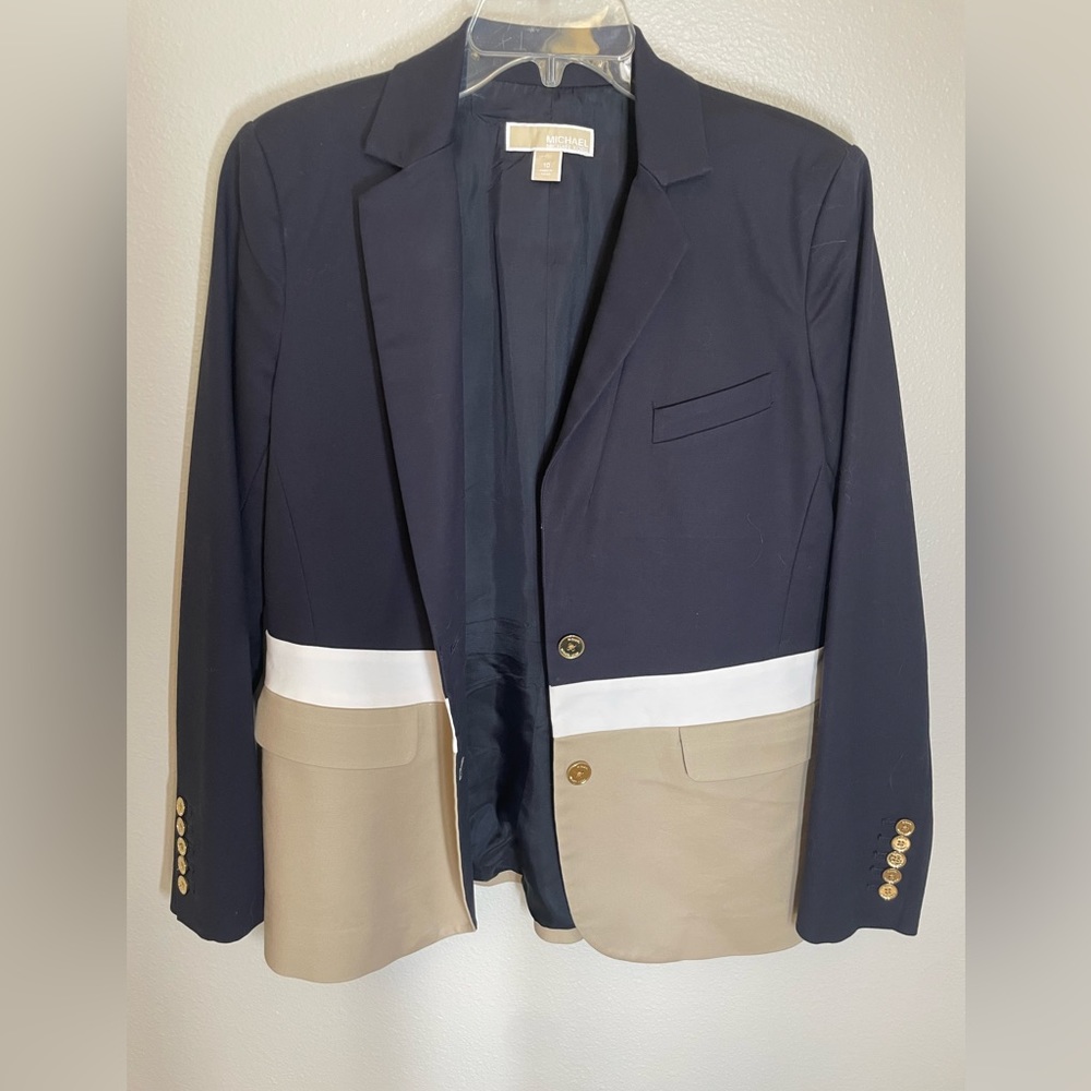 Navy and Tan Color blocked Michael Kors Blazer with Gold Buttons